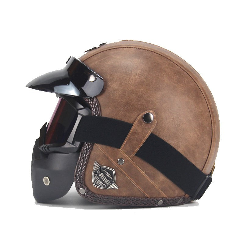 Amtn Club | Casque de moto vintage en cuir PU avec masque visage et lunettes intégrées