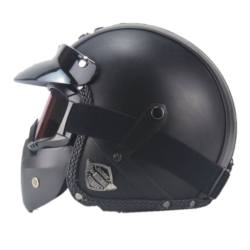Amtn Club | Casque de moto vintage en cuir PU avec masque visage et lunettes intégrées