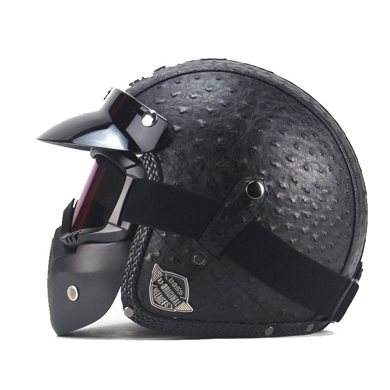 Amtn Club | Casque de moto vintage en cuir PU avec masque visage et lunettes intégrées