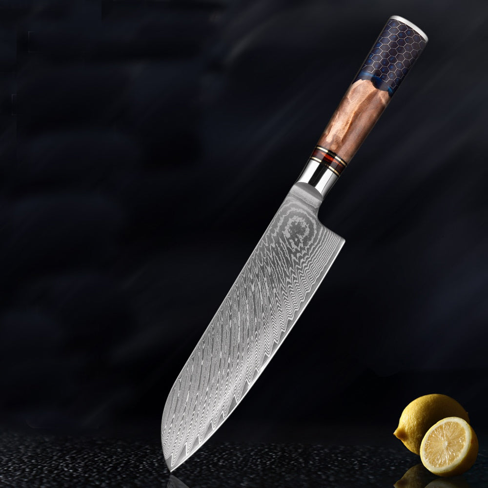 Amtn Club | Kiba Damascus Santoku Couteau de Cuisine Japonais Premium – Lame Acier Damas VG-10 Haute Précision pour Coupe Professionnelle