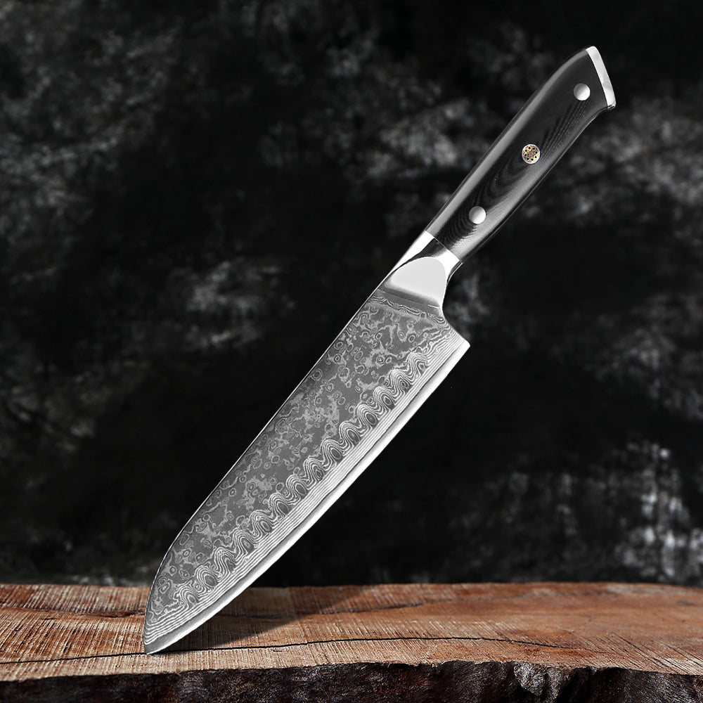 Amtn Club | Kuro Damascus Santoku Couteau de Cuisine Japonais Premium – Lame Acier Damas VG-10 Haute Précision et Performance Professionnelle