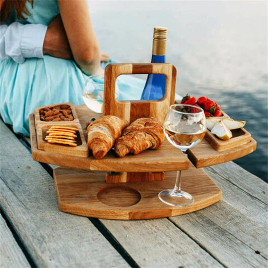 Amtn Club | Table de pique-nique en bois pliable pour vin – plateau rond extérieur avec porte-gobelets pour apéritif et dîner élégant en plein air