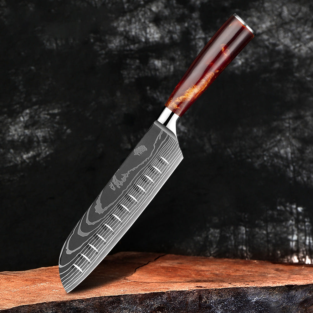 Amtn Club | Kanji Santoku Couteau de Cuisine Japonais Premium – Lame Damas VG-10 Haute Précision pour Découpe Professionnelle et Cuisine Élégante
