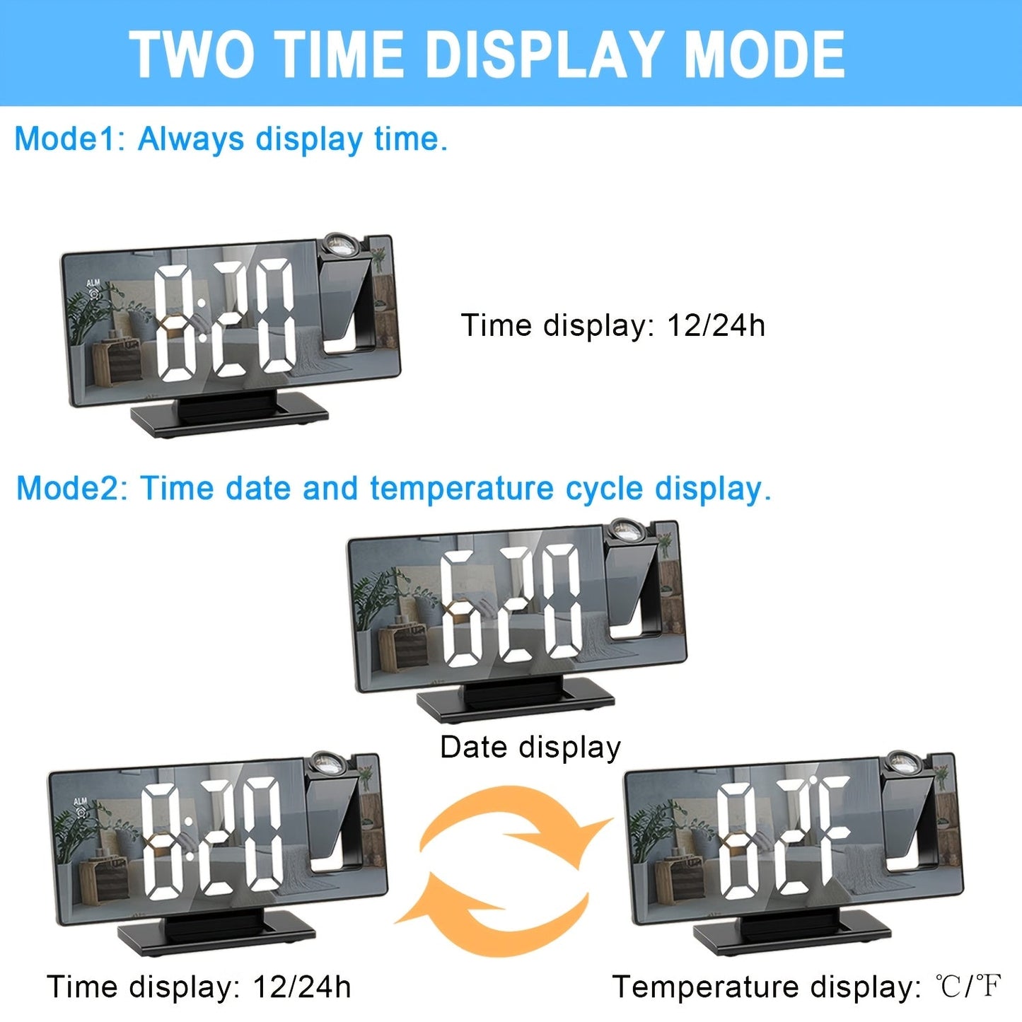 Amtn Club | Réveil LED avec Projection 180° & Fonction Snooze