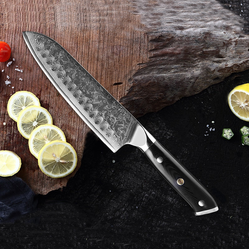 Amtn Club | Kuro Damascus Santoku Couteau de Cuisine Japonais Premium – Lame Acier Damas VG-10 Haute Précision et Performance Professionnelle