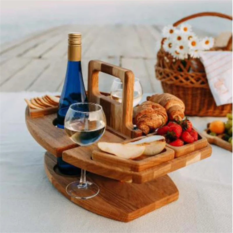 Amtn Club | Table de pique-nique en bois pliable pour vin – plateau rond extérieur avec porte-gobelets pour apéritif et dîner élégant en plein air