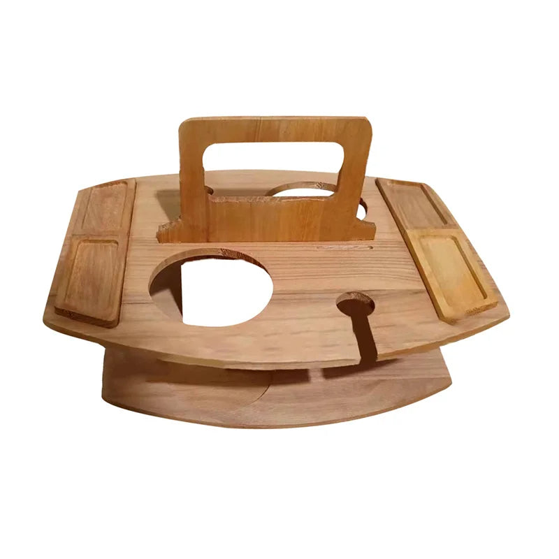 Amtn Club | Table de pique-nique en bois pliable pour vin – plateau rond extérieur avec porte-gobelets pour apéritif et dîner élégant en plein air