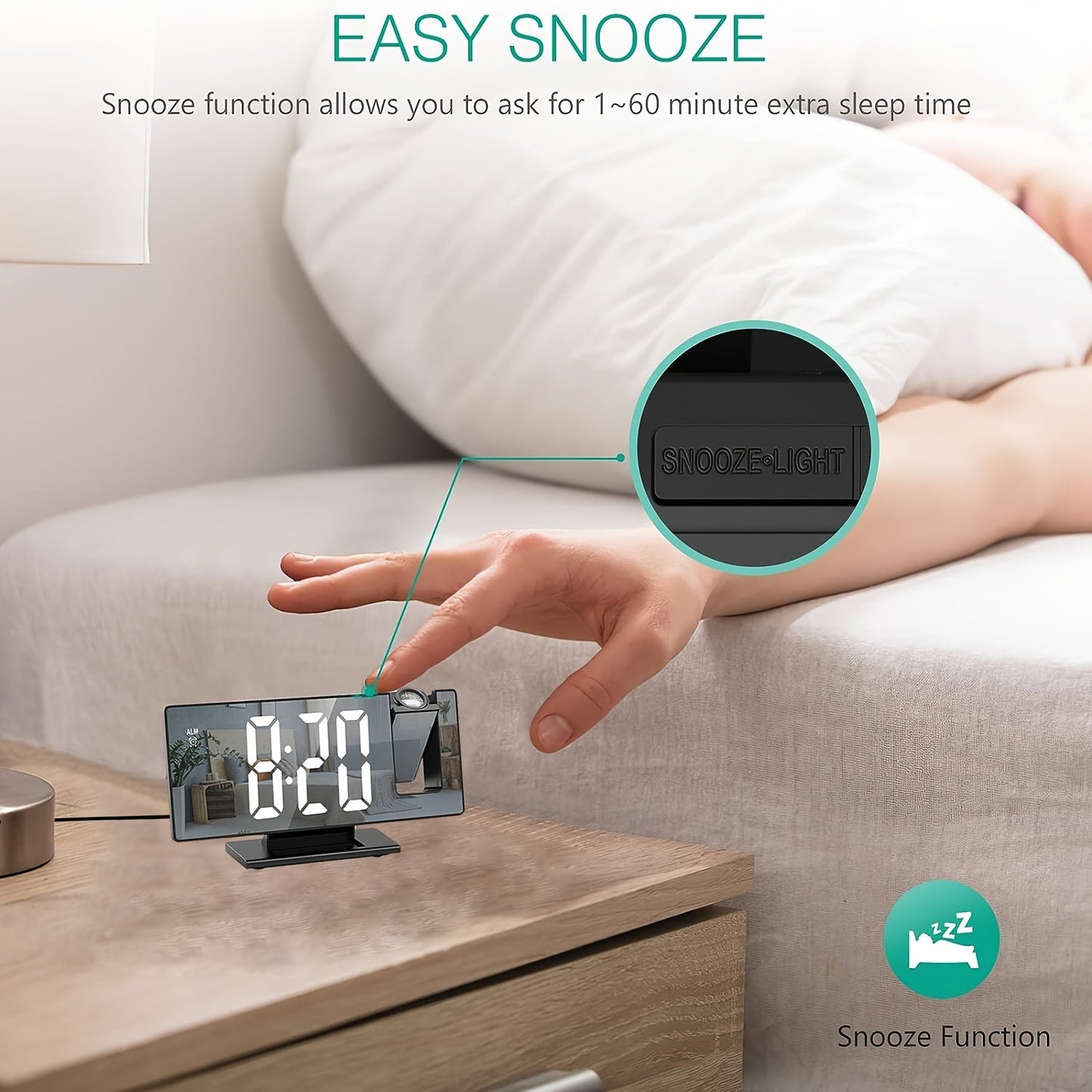 Amtn Club | Réveil LED avec Projection 180° & Fonction Snooze